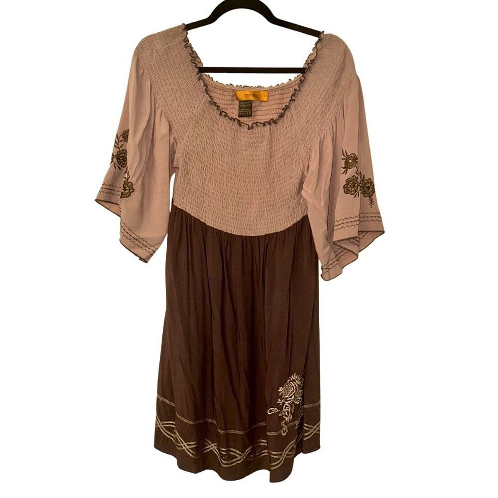 Urban Mango Boho Peasant Dress L – Bell Sleeves, Smocked Bodice, Embroidered